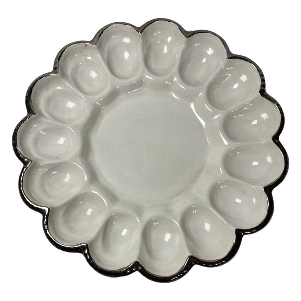 Vintage Oyster Plate Egg Plate White and Silver Platter
